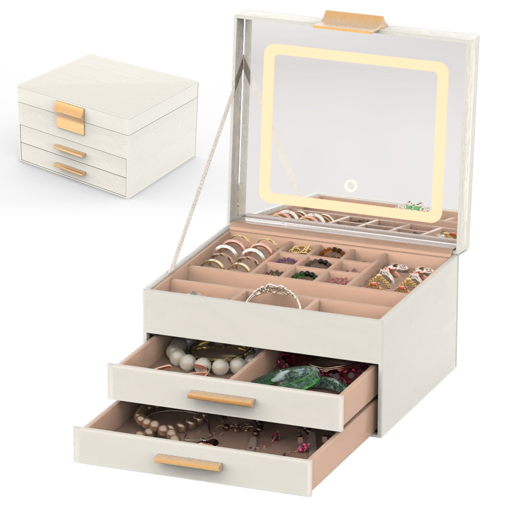 1 Set Boîte à bijoux avec miroir LED 3 plan Organisateur de bijoux avec 2 tiroirs PU
