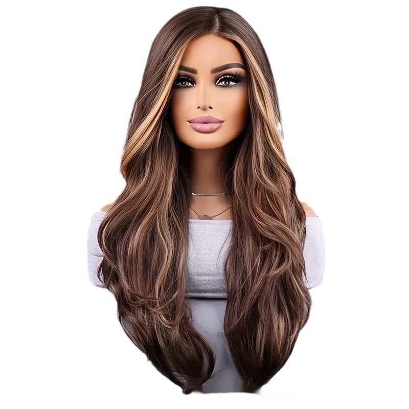 26-pouces Élégante Perruque Femme Brown Couleur mélangée Wavy Long cheveux Synthétique Fibre Rose Mesh Casquette