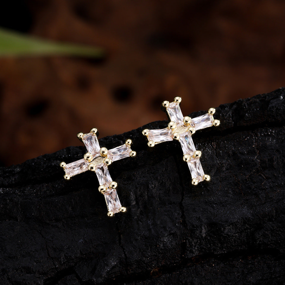 Femmes Cross Baguette CZ Boucles d'oreilles Stud