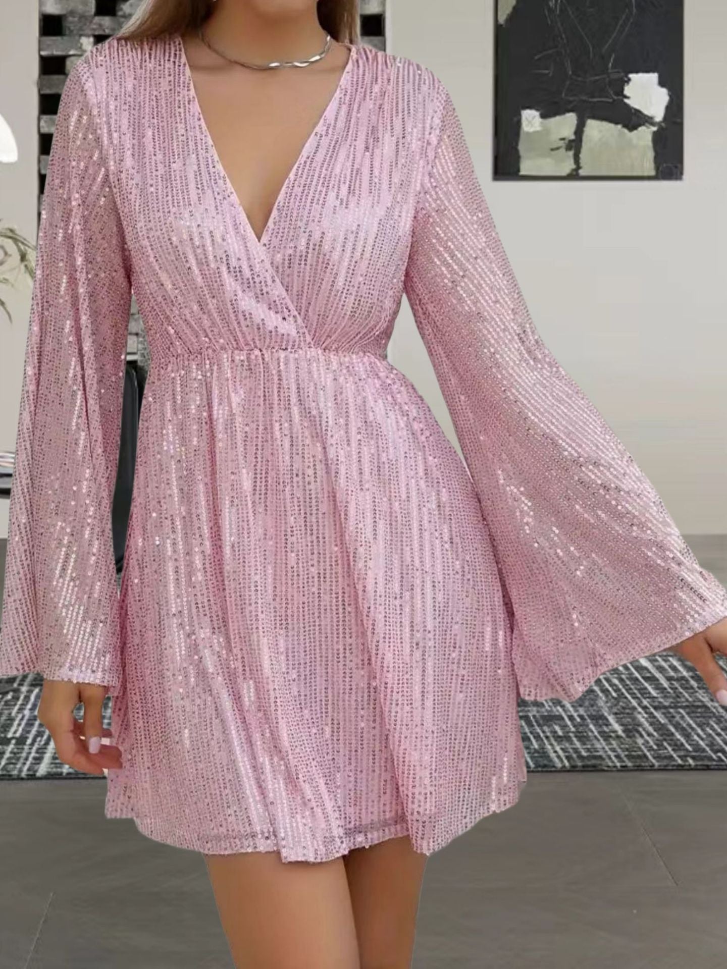 Robe de soirée de soirée de soirée de soirée de soirée en V-col Sequin
