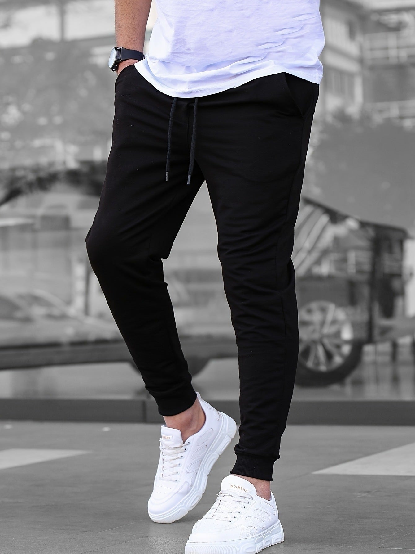 Casual Sporty Lightweight Respirant style américain Pantalons Slim-fit de couleur unie