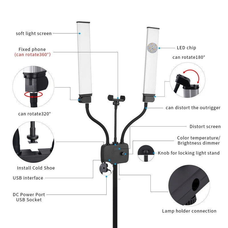45W dimmable double bras LED lampe trépied stand Kit Video Studio Support de téléphone