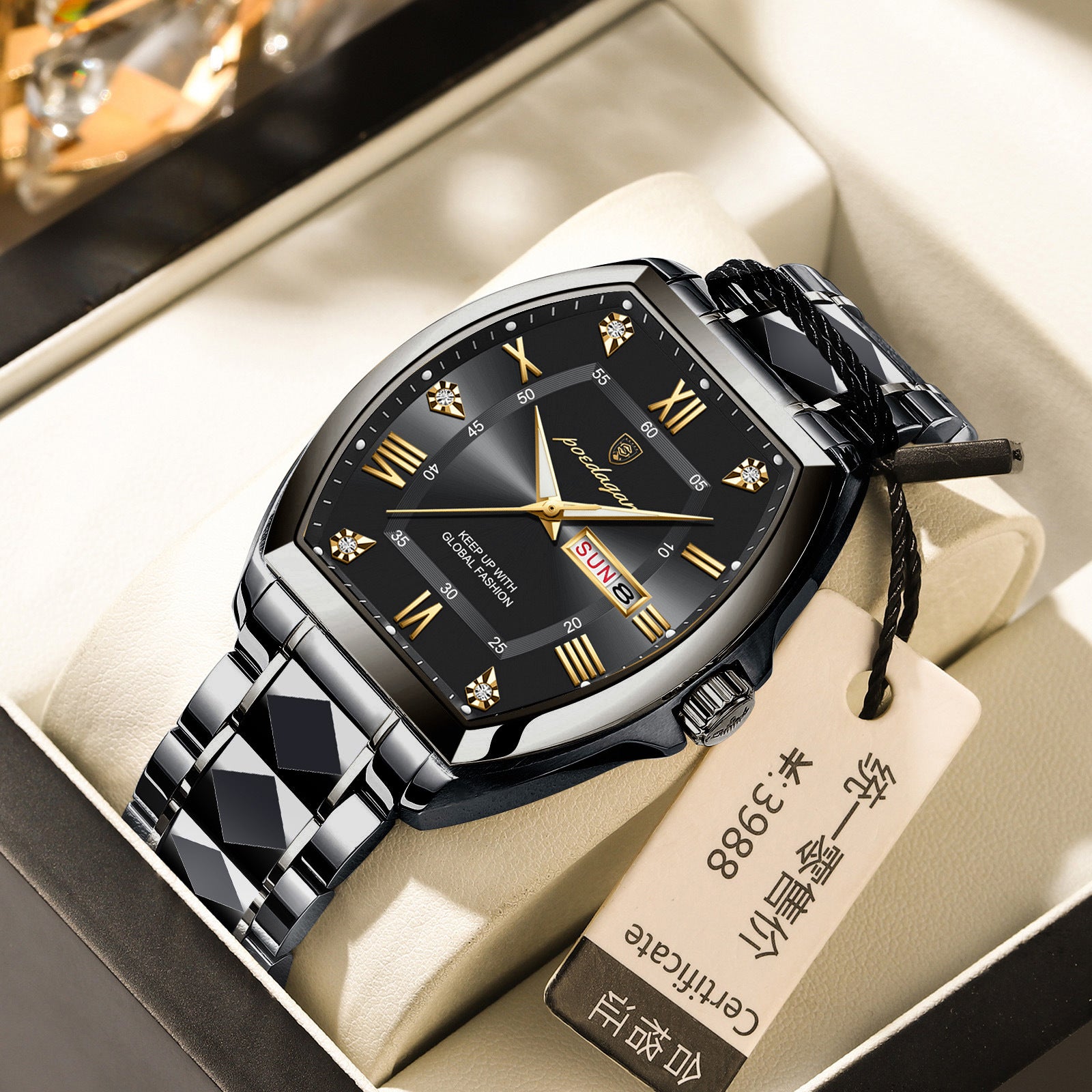 Montre homme à quartz en forme de barrique lumineuse étanche
