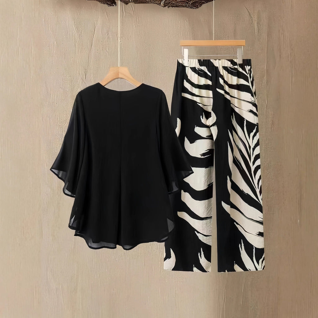 Double-layer printed trouser design with a mousseline top