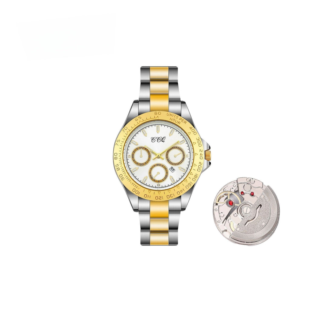 Progressive gold steel watch