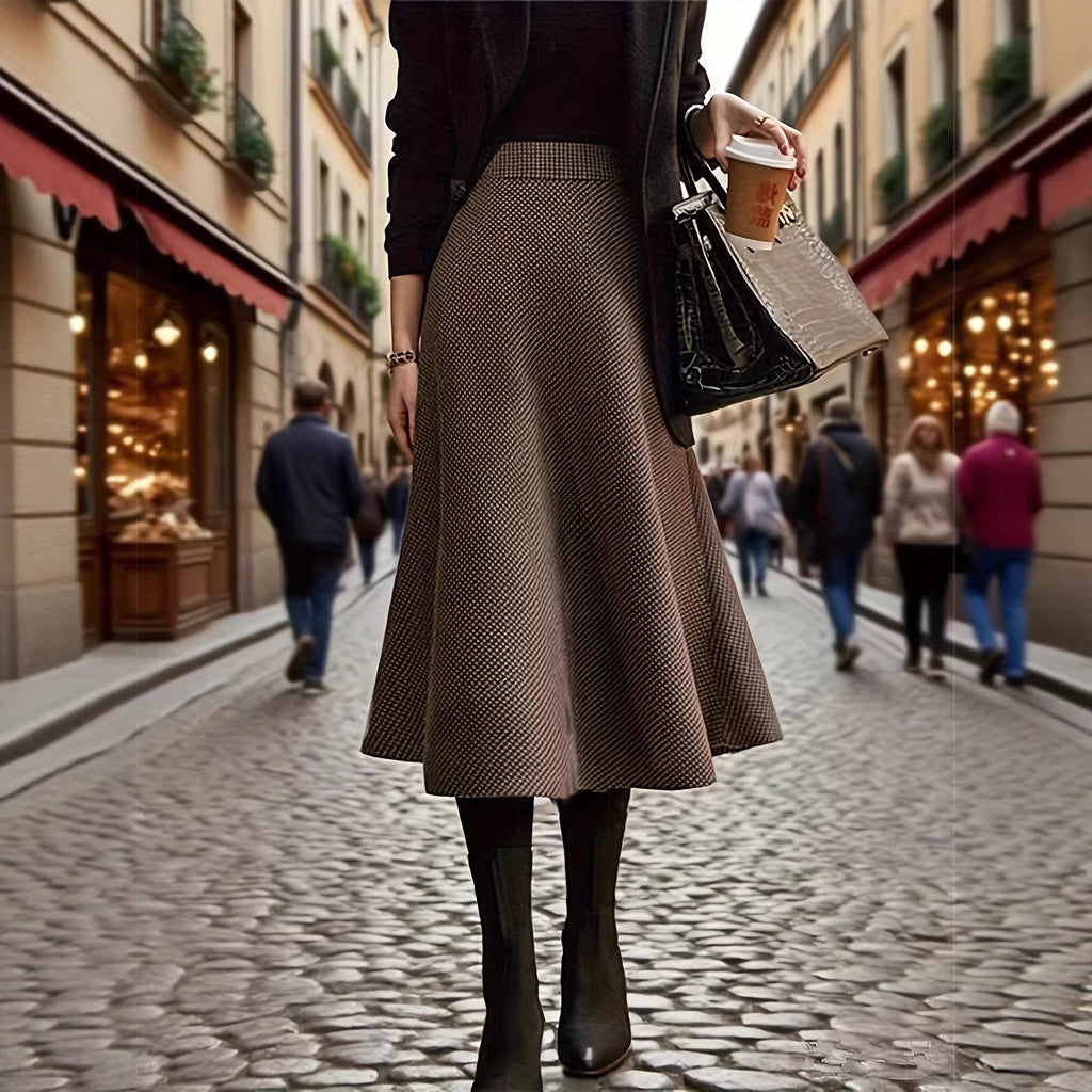 Retro Plaid Brown de style américain Jupe semi-formelle haut de gamme Midi