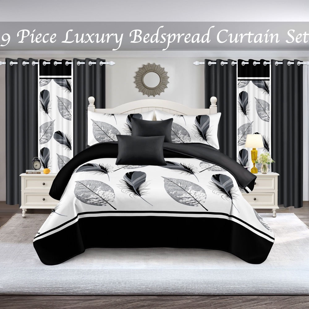9-Piece noir et plume blanche couvre-lit et jeu de rideau