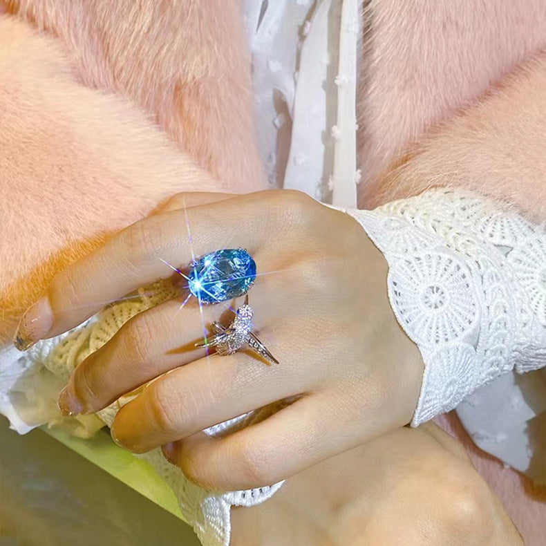 En ligne Celebre Live Selling Simulation Aquamarine Topaz Cummingbird Ouvrir Anneau Femmes Haut