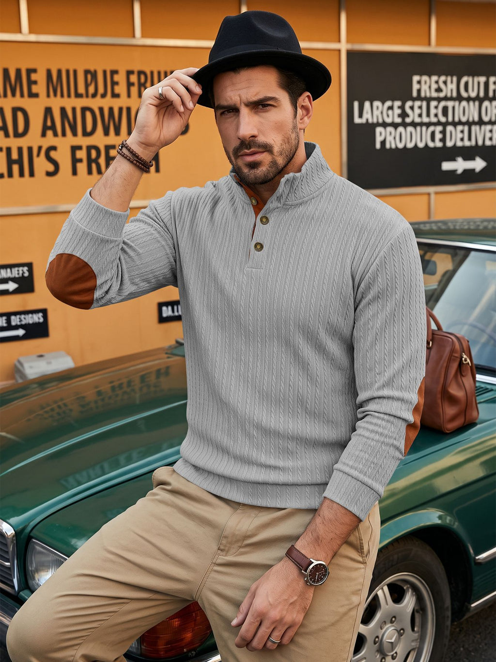 Top homme de style américain avec un collier debout et texturé Jacquard Weave