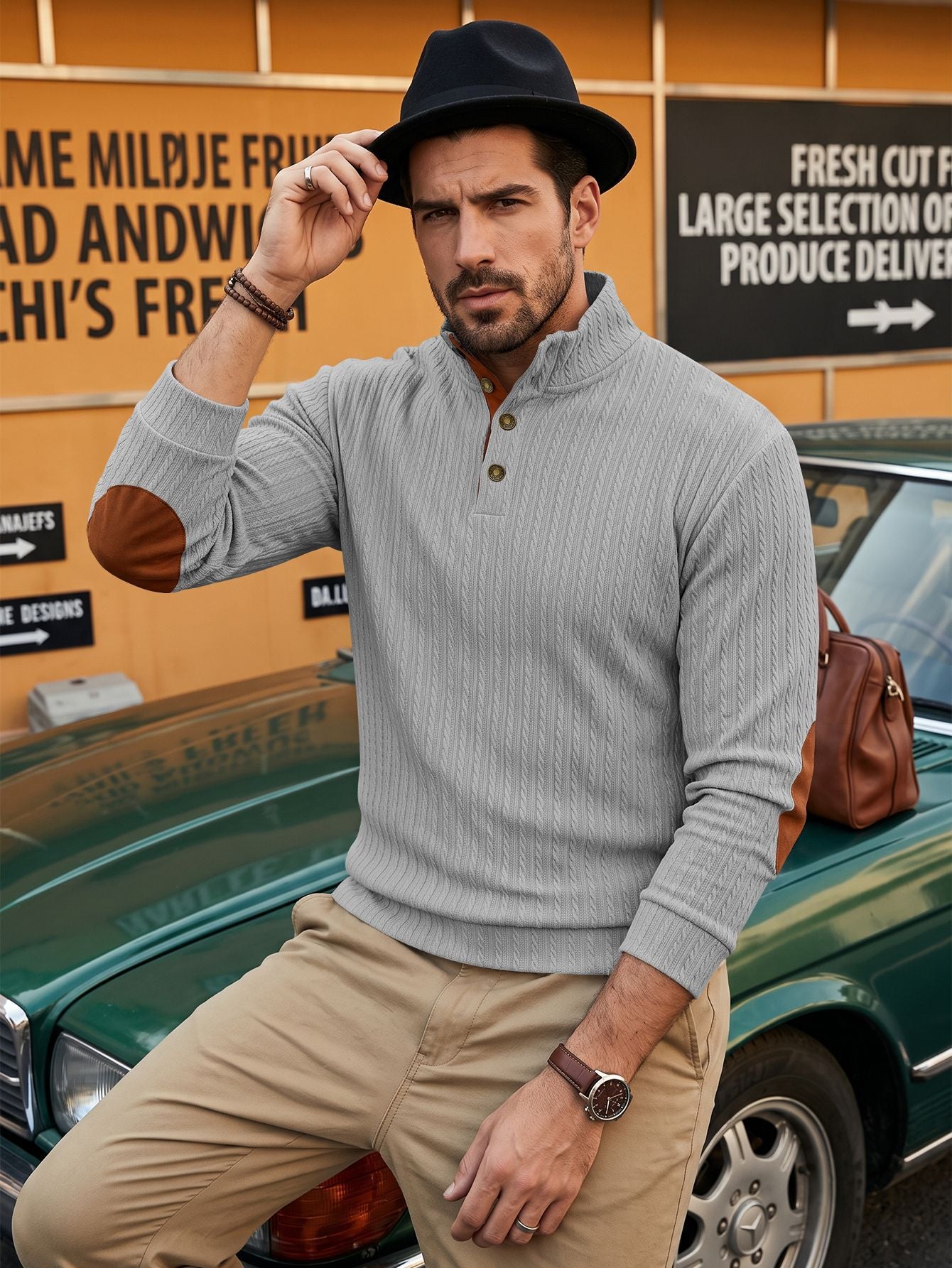 Top homme de style américain avec un collier debout et texturé Jacquard Weave