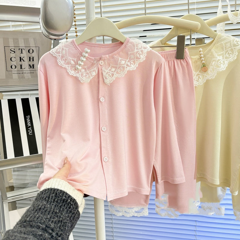 Fille's SpringSummer Cardigan Modal Collier de dentelle longue manches Pajama Set