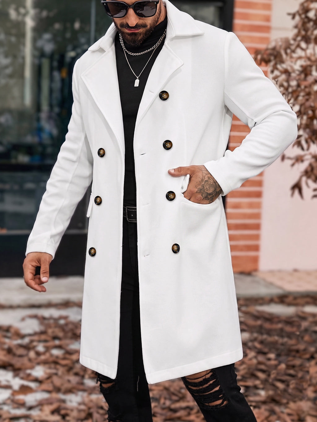Manteau de tranchée de longueur moyenne en laine pour hommes
