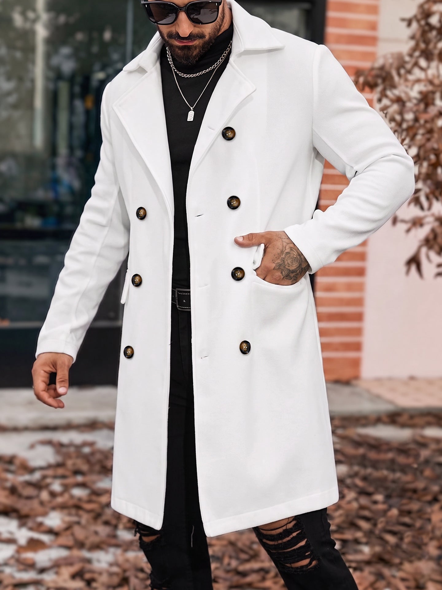 Manteau de tranchée de longueur moyenne en laine pour hommes