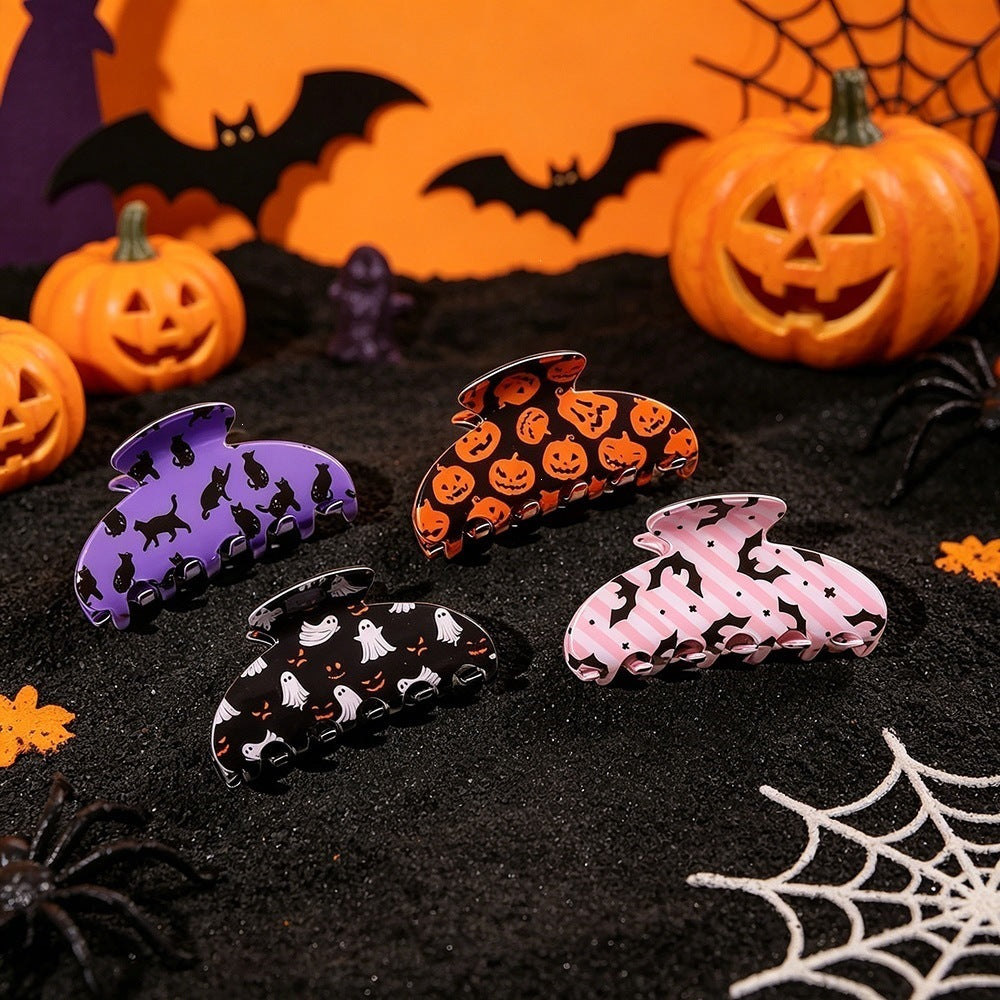 Clip de griffe de requin d'Halloween - Ghost Pumpkin Black Cat Print Hair Accessory for Women Girls P