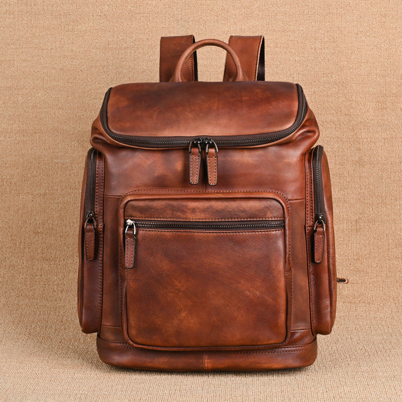 Men's Genuine Cowhide Leather Double-Layer Retro Backpack