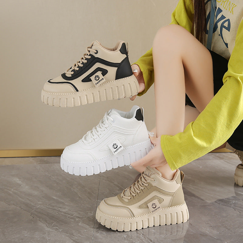 Respirant chaussures blanches haut-top pour femmes Versatile Chunky-soled Athletic-casual Style