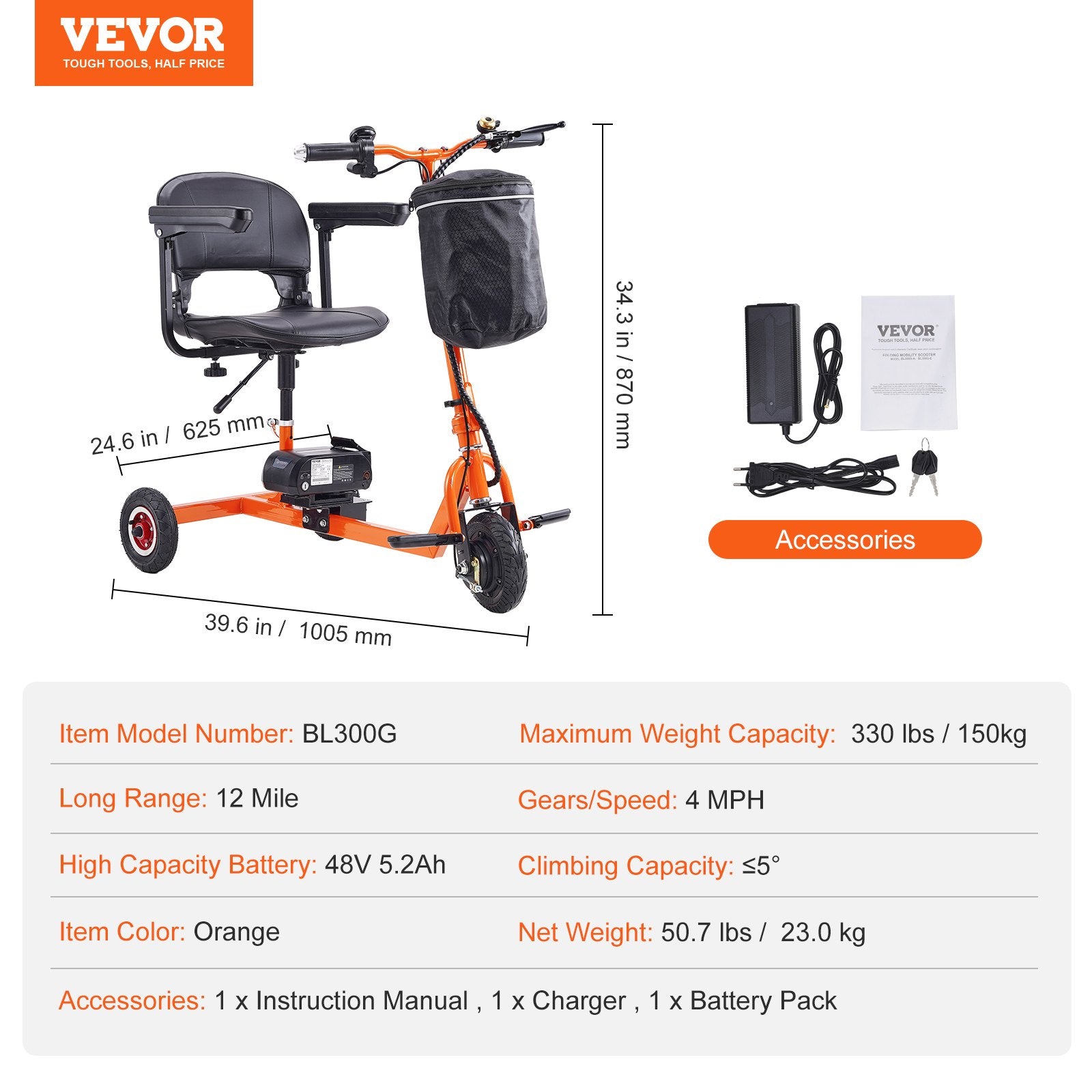 VEVOR Scooter de mobilité pliable 3 roues pour les aînés