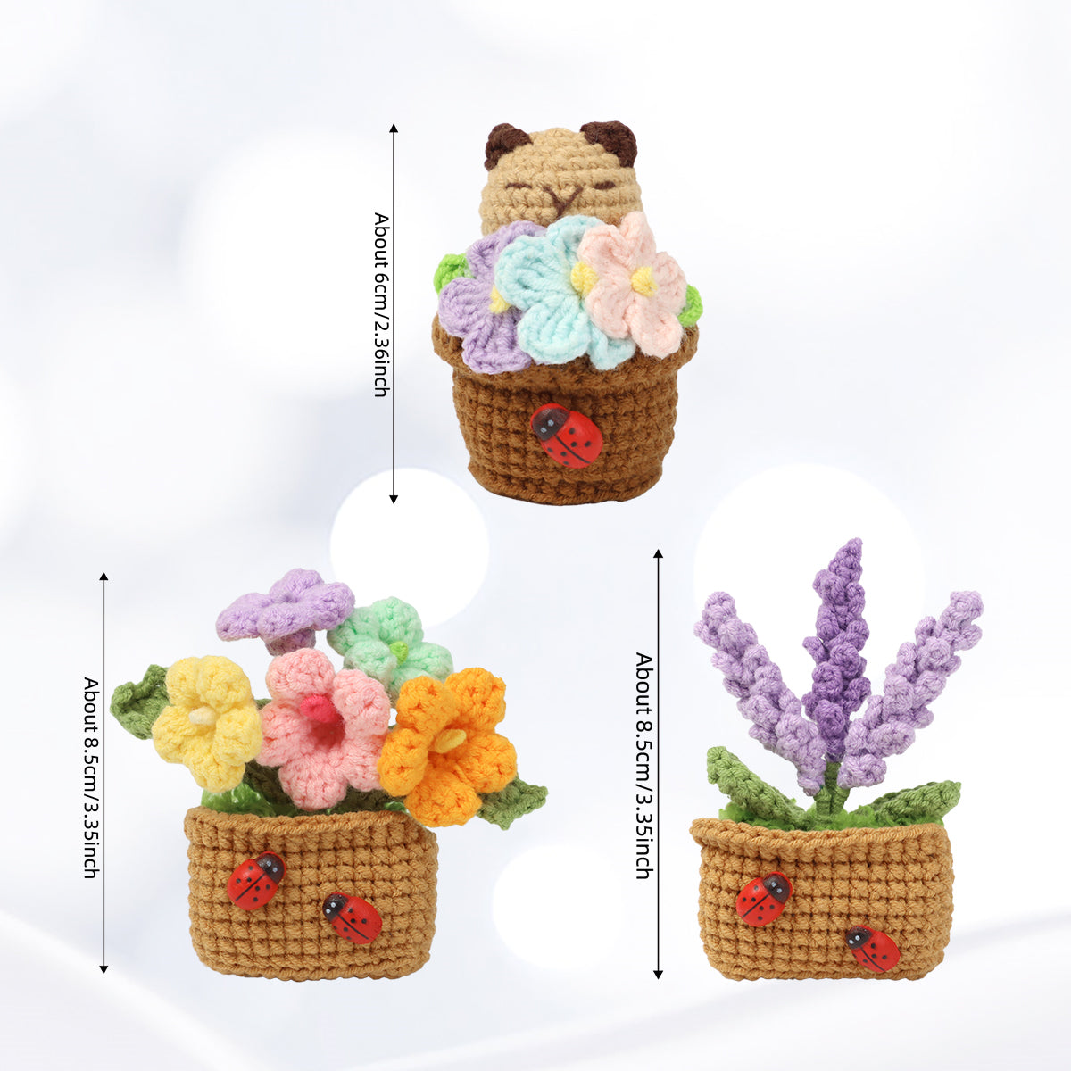 Crochet à la main usine en pot d'aimant de réfrigérateur trois pièces ensemble avec Ladybug accessoires mignon