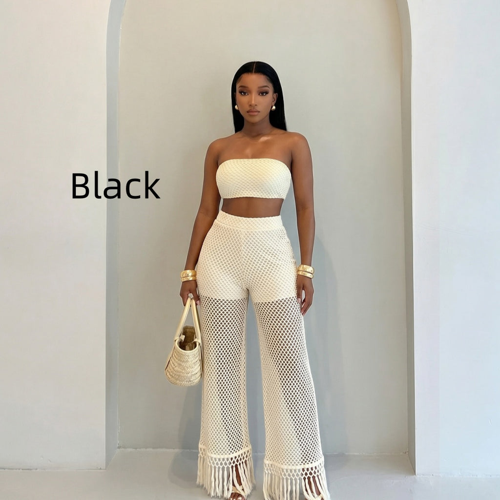 Fashionable femmes Voir-through Hollowed-Out Pantalons et tricoted tube Top Set