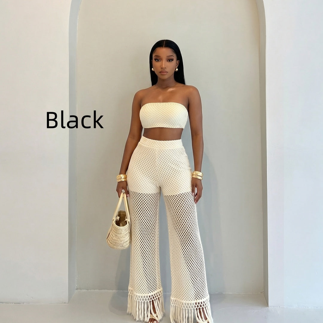 Fashionable femmes Voir-through Hollowed-Out Pantalons et tricoted tube Top Set