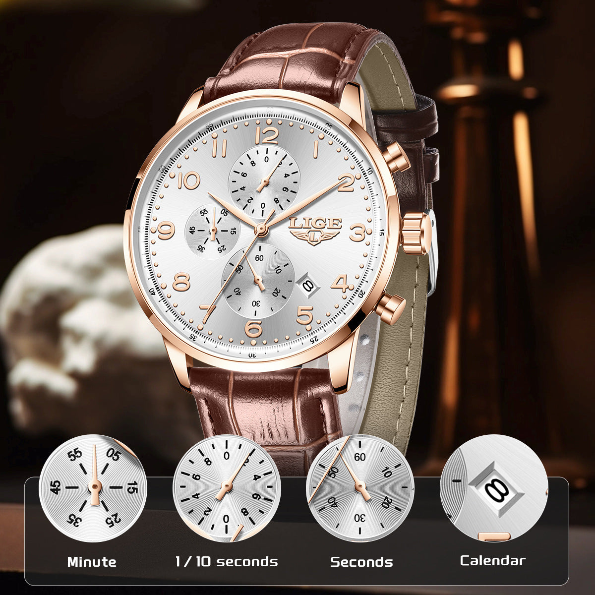 Calendrier multifonctionnel Ceinture en cuir imperméable Hommes Business Montre mécanique