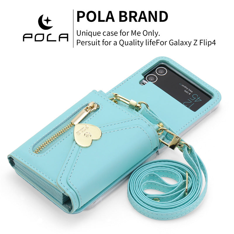 Étui en cuir pliant Coeur en métal Étui téléphone zippé de grande capacité