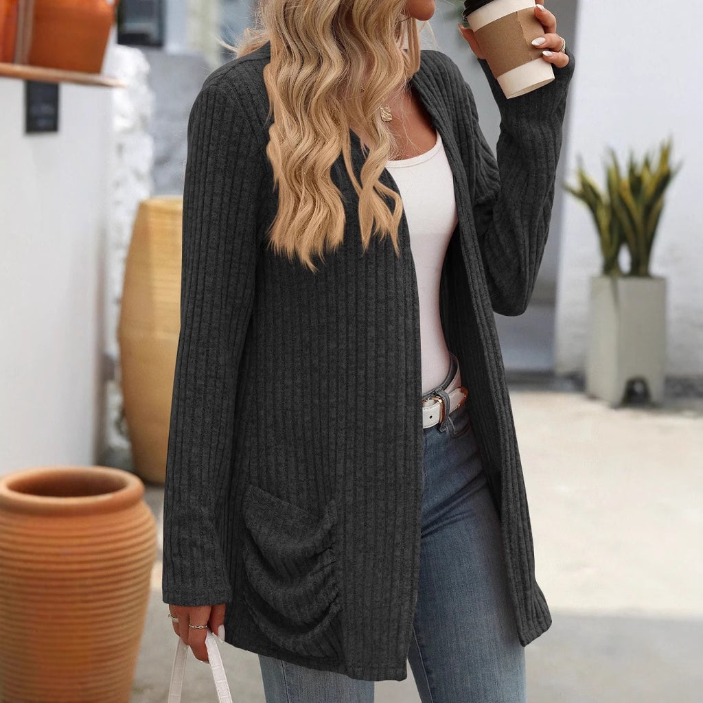 L'automne des femmes Hiver Casual Solid Couleur Long Sleeve Cardigan ouvert avec des poches