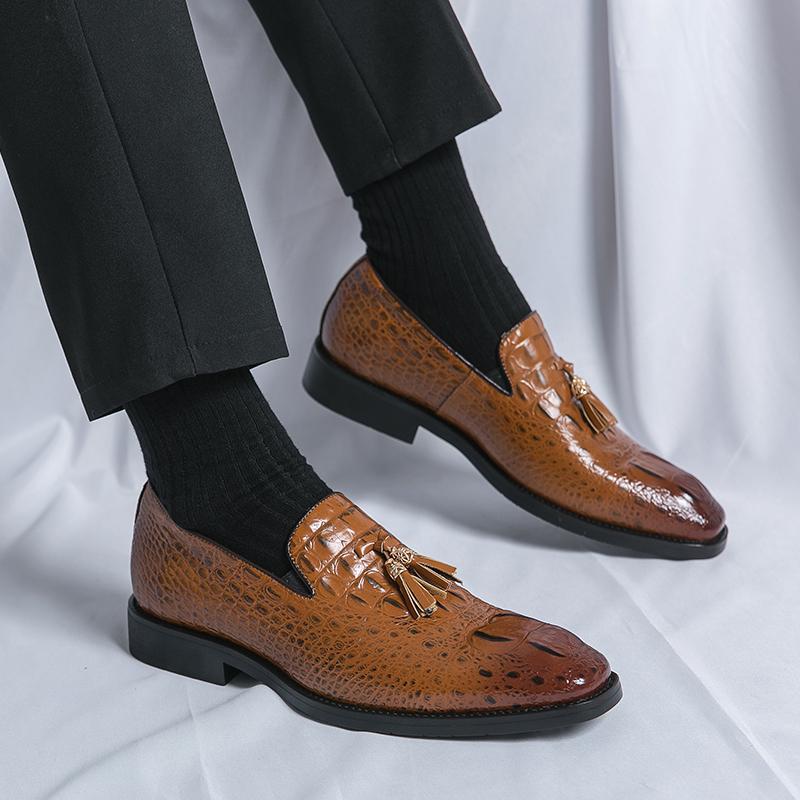 Hommes modèle coréen Crocodile-pattern Embossed Tassel Chaussures en cuir