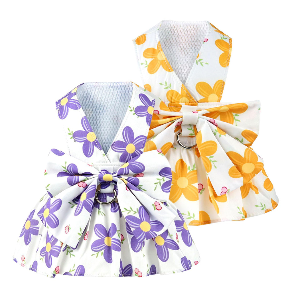 2Pack Robe de Harness pour Petit Chien pour Fille Robe de chat chiot avec motif de fleur Bow réglable