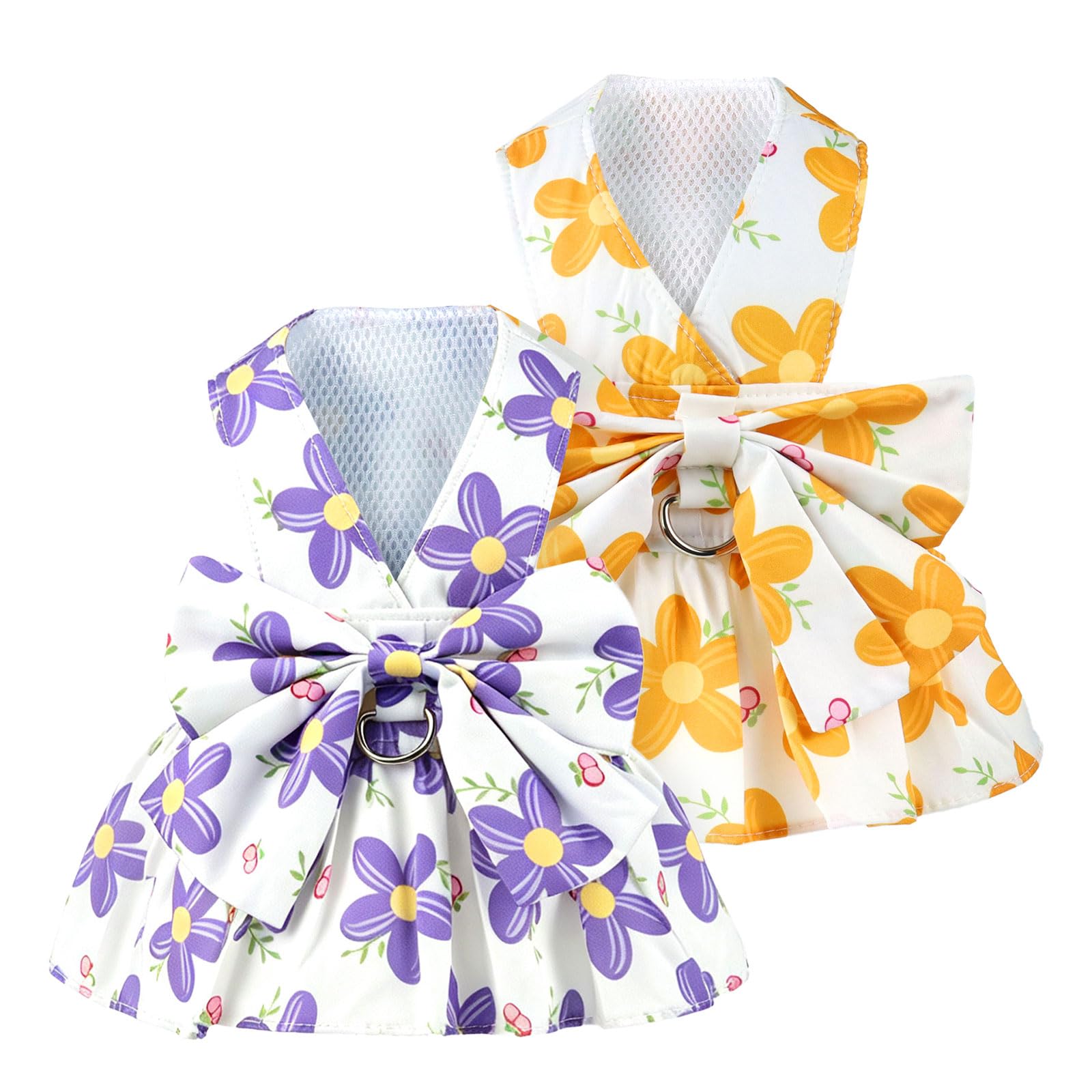 2Pack Robe de Harness pour Petit Chien pour Fille Robe de chat chiot avec motif de fleur Bow réglable