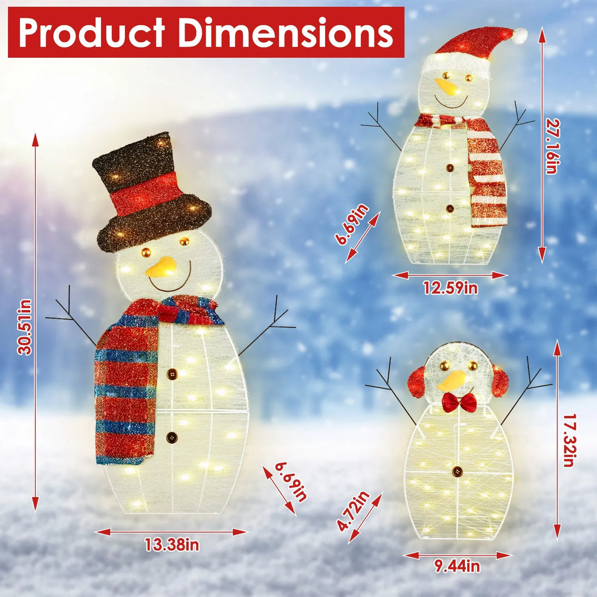 Décorations de famille de Snowman de Noël 3 pièces (Père/Mère/Bébé)