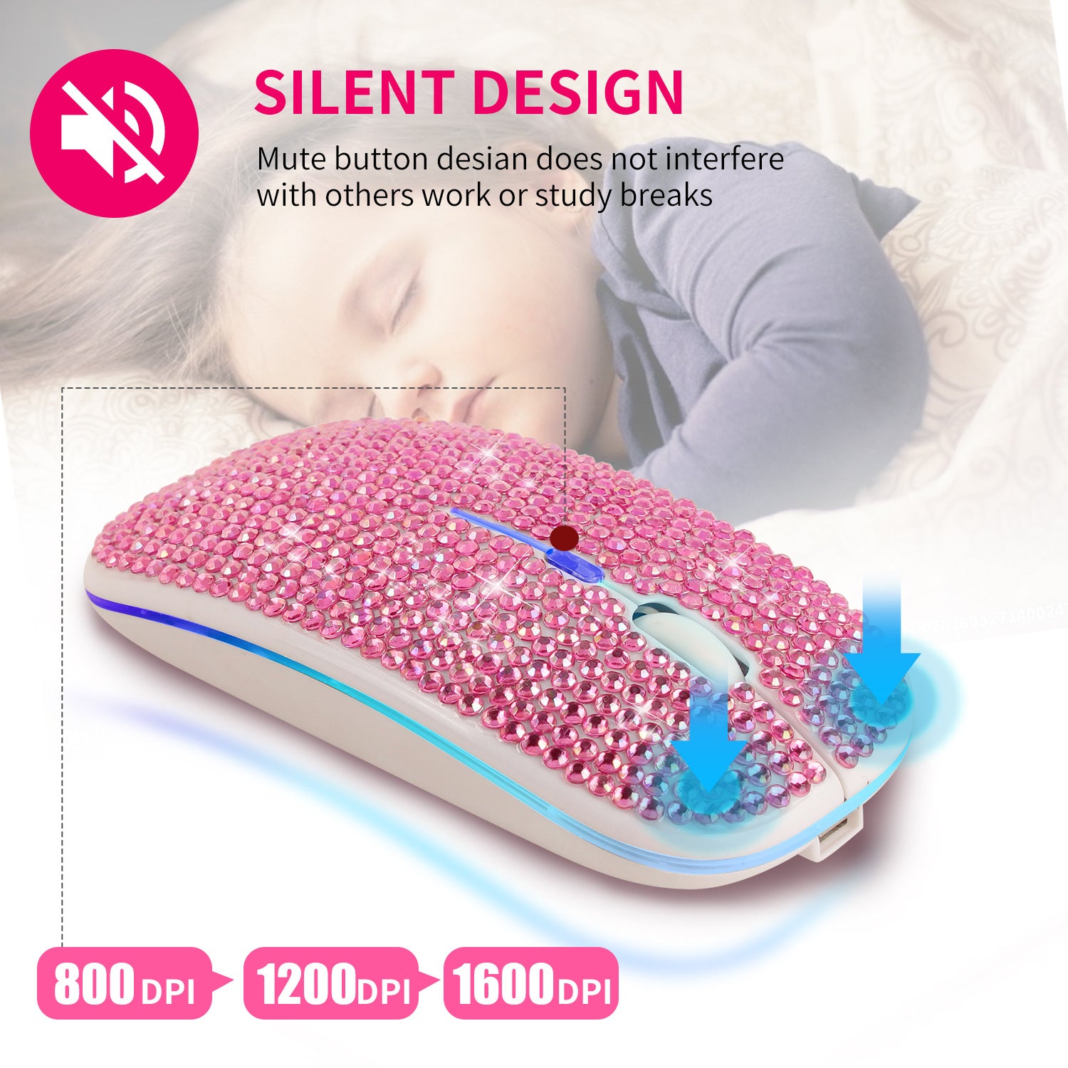 Bureau rechargeable Mute Crystal Strass Mouse