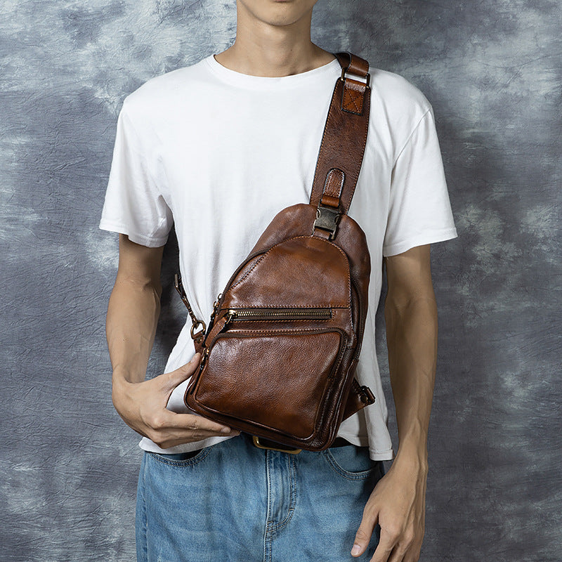 Corps transversal en cuir véritable retro à la main de poitrine homme grande capacité sac de messager