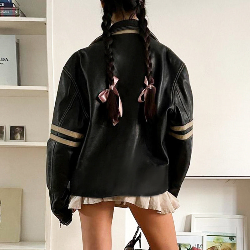 Manteau en cuir fendue rétro couleur contrastante pour femmes