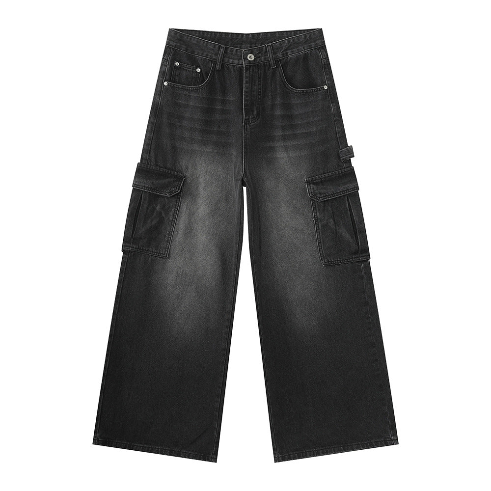 Pantalon de travail occasionnel à jambe large blanchie Multi-pochette droite