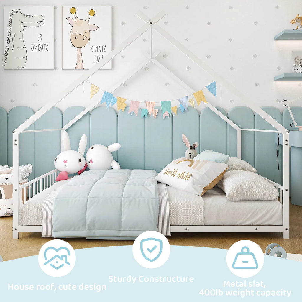 Maison de lit plat blanc en forme avec garde-corps latéraux Lit de fer pour enfants jumeaux