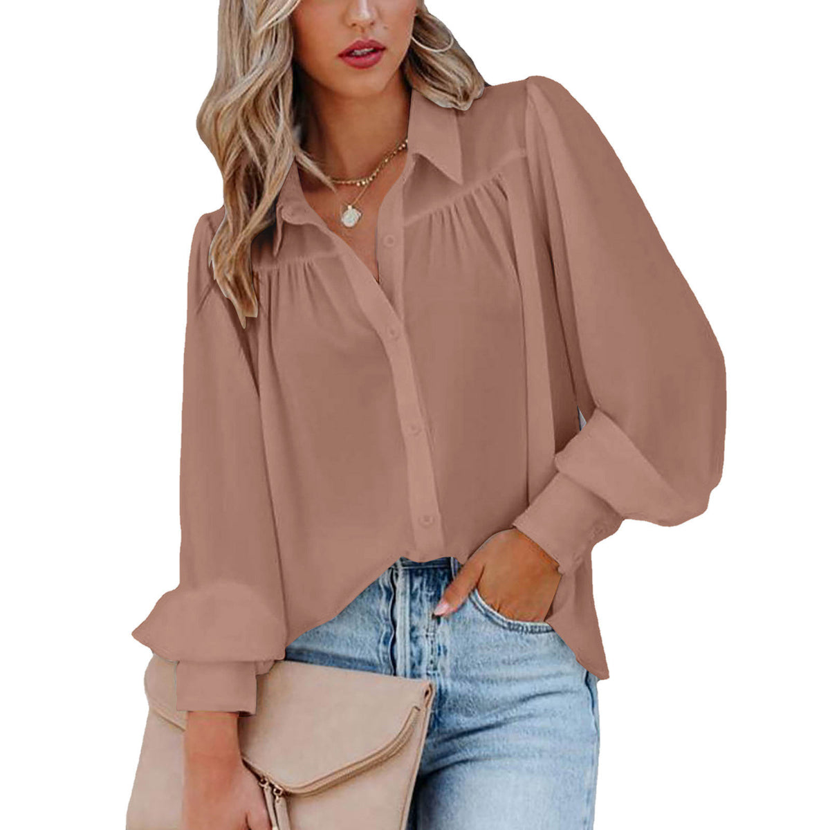 Tie-Up Amazon Manches de lanterne plissées Collier de support de couleur solide