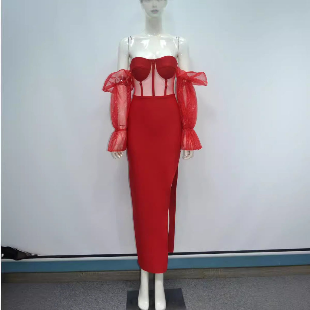 Niche Stretch Hors-épaule Mesh manches longues Élégante robe du soir