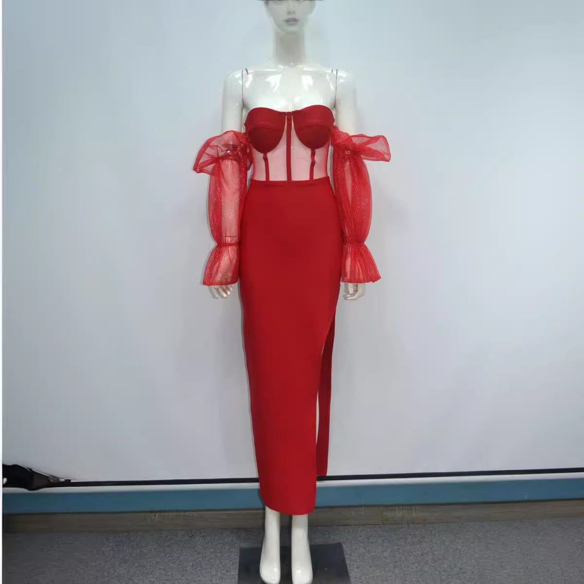 Niche Stretch Hors-épaule Mesh manches longues Élégante robe du soir