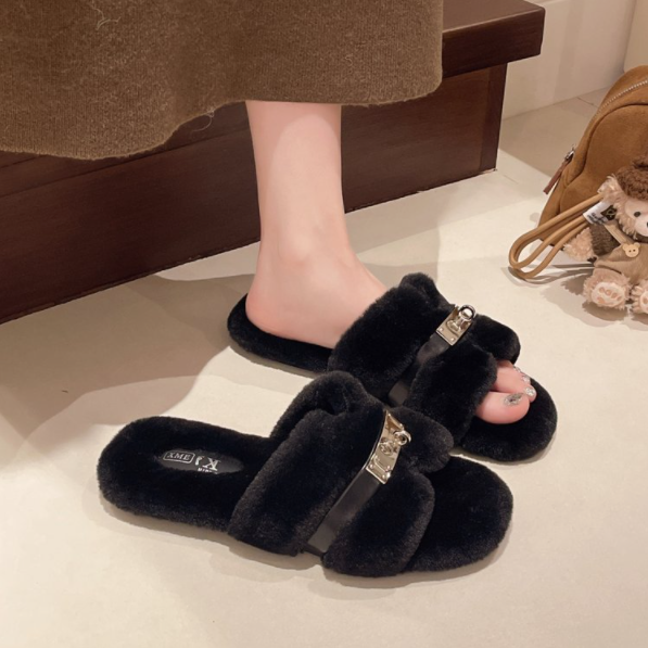 Automne Hiver Mode Minimalist Ceinture Buckle Trendy Influencer Furry Diapositives Femmes