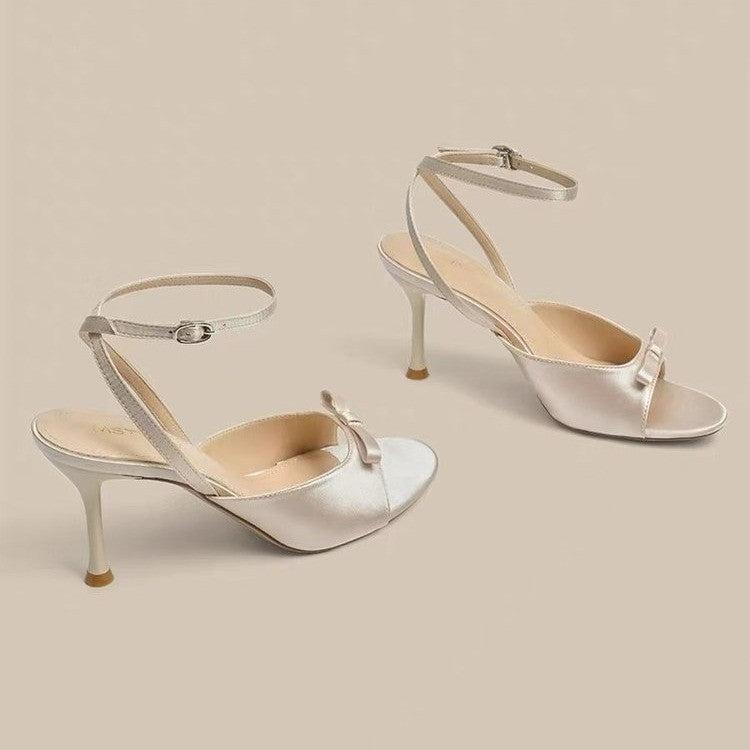 Femmes Romantique douce Mini Satin Bow Slingback Talons assortis Casual Daily