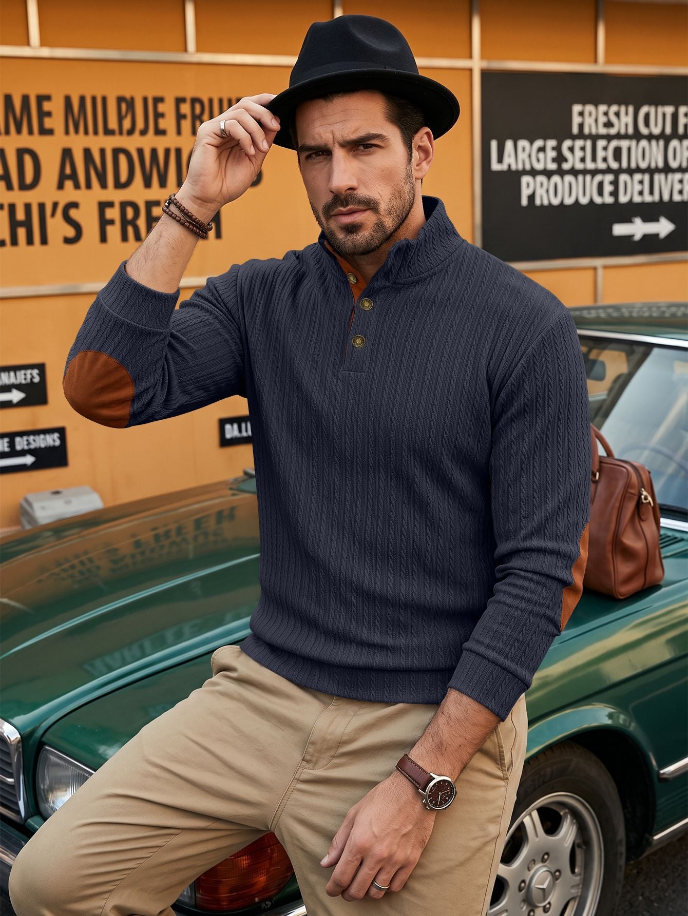 Top homme de style américain avec un collier debout et texturé Jacquard Weave