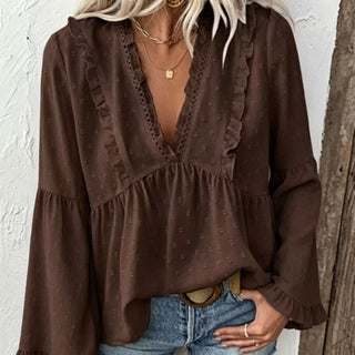 Chute V-Neck Dentelle Dot Blouse Loose Flare Long Sleeve Babydoll Top pour le trajet quotidien
