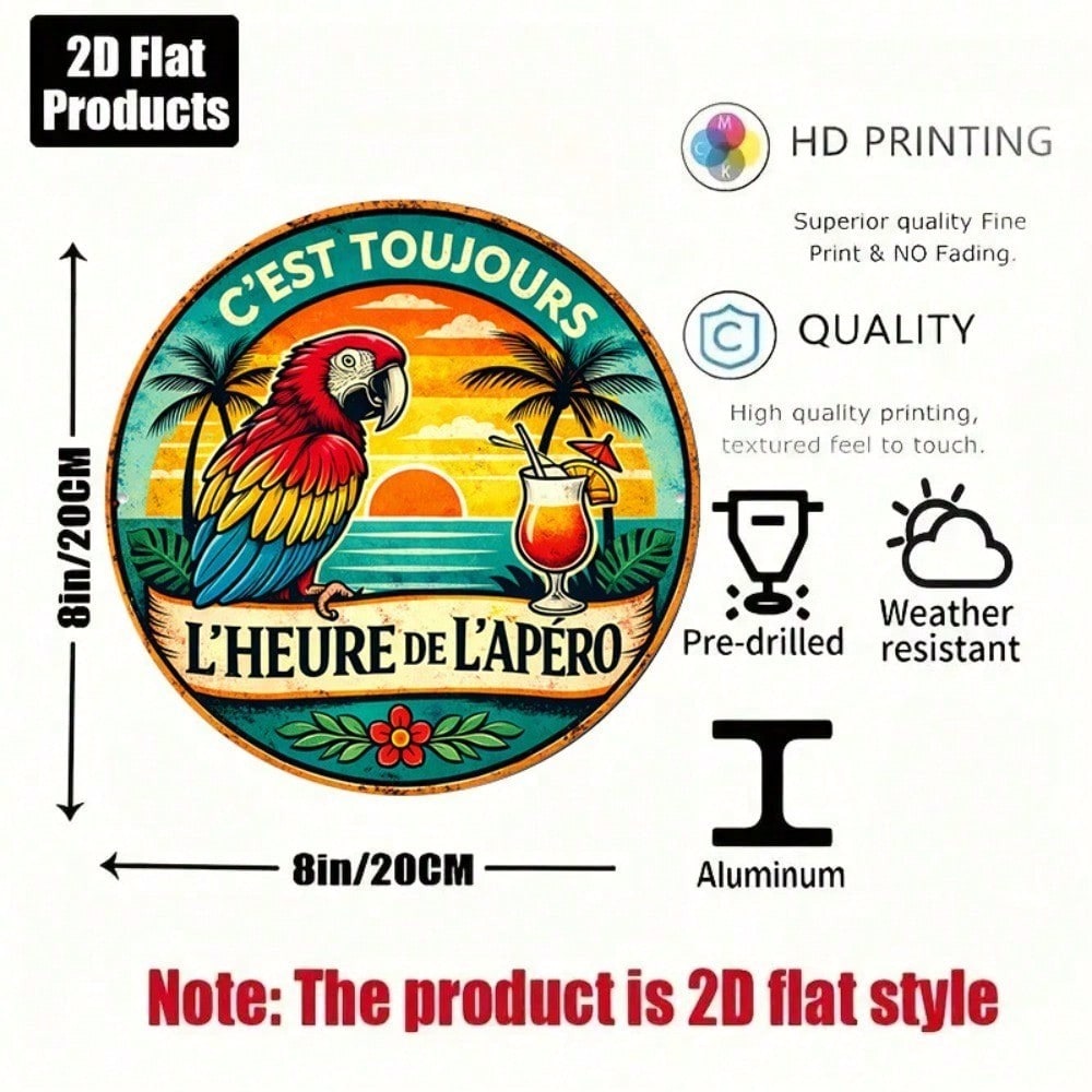8x8in Vintage Parrot Cocktail Round Signe Happy Hour Bar Decor