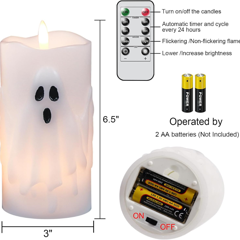 Bougies de pilier sans flamme Halloween Fantôme ensemble de 2 avec télécommande et minuterie