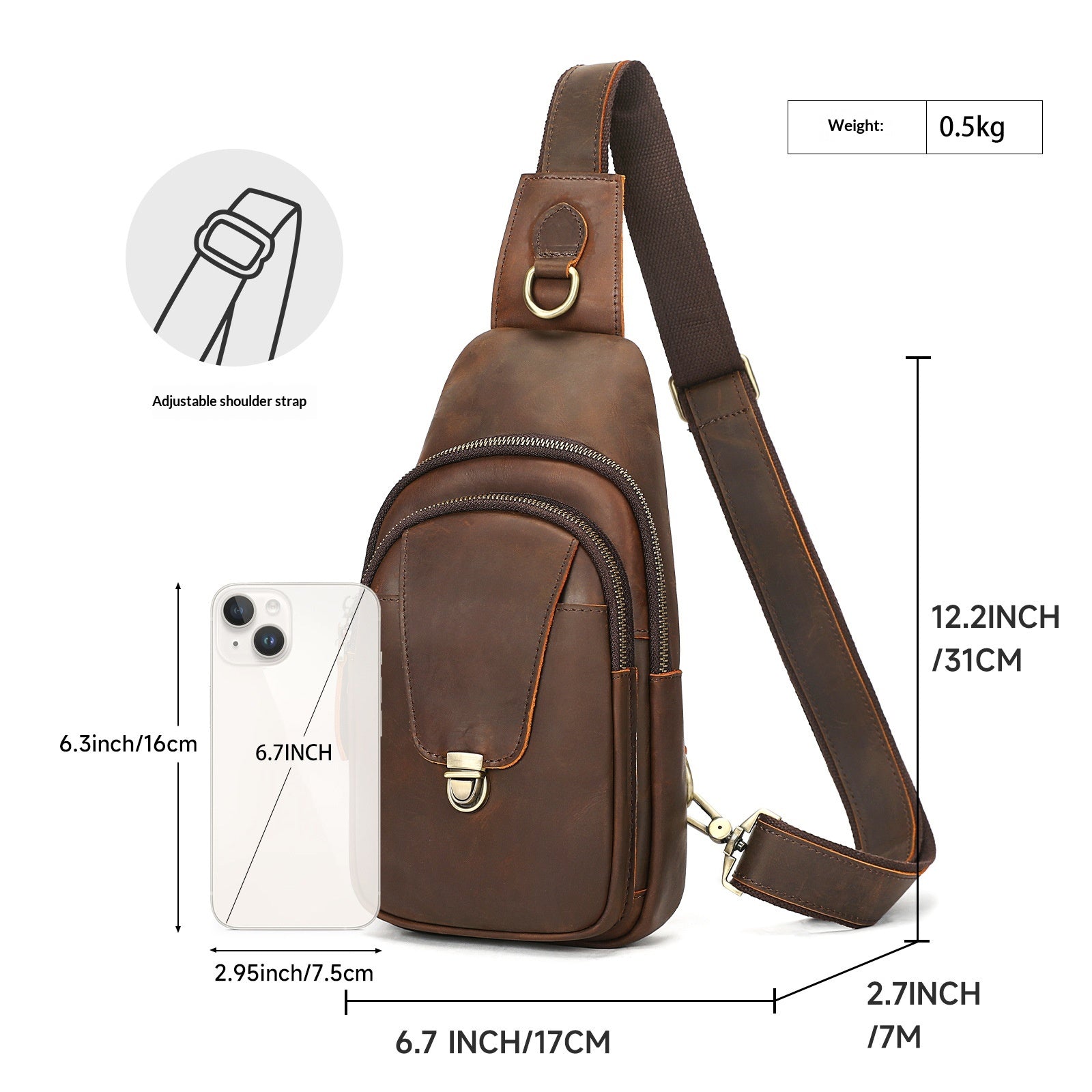 Multifonctionnel poitrine extérieure Casual Crossbody Vintage Crazy Horse Sac à épaule en cuir