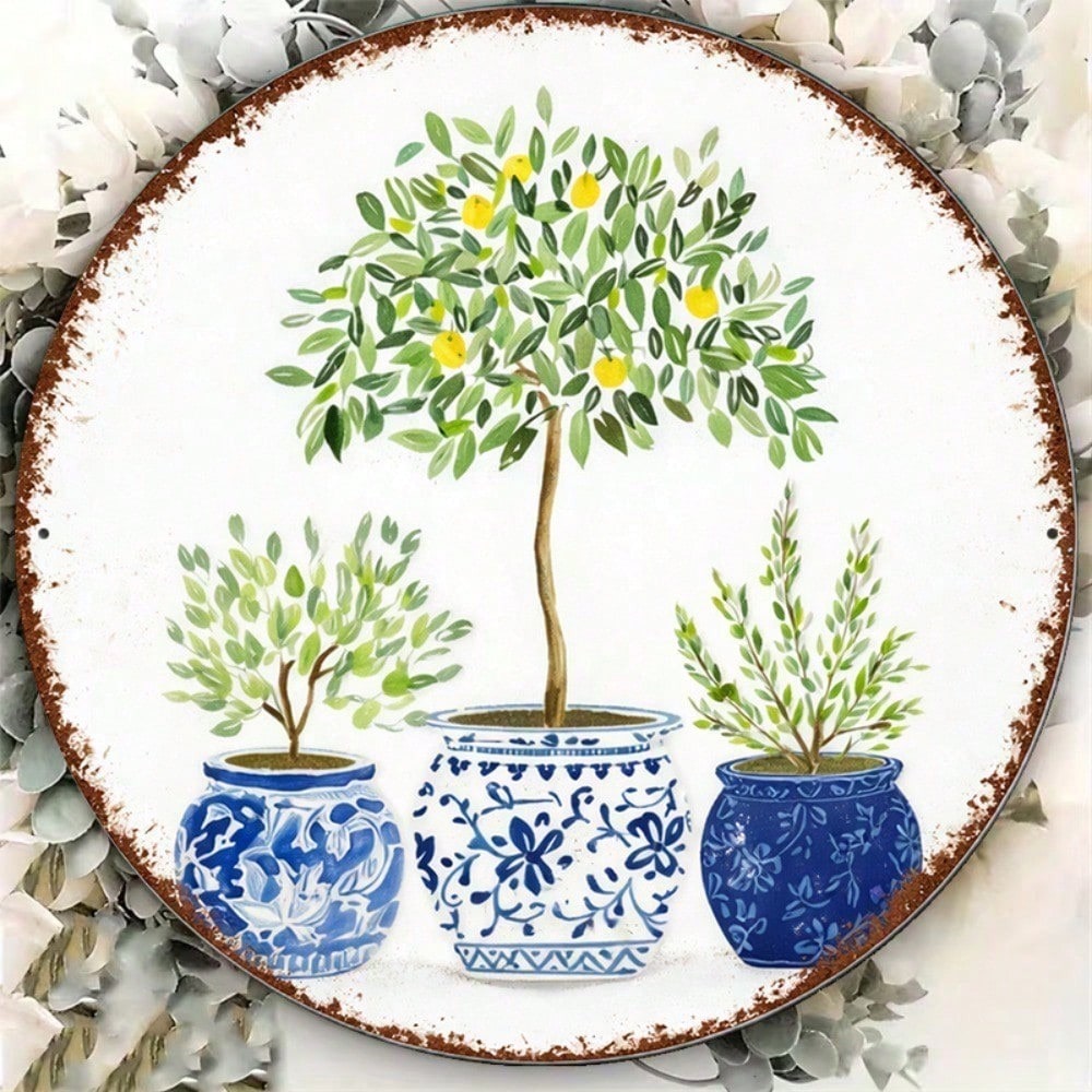 Vintage Lemon Tree Wall Art 8x8in Mediterranean Round Sign