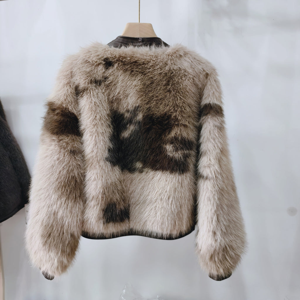 Automne d'hiver Chanel-style Couleur-Block fourrure One-Piece court manteau pour les femmes