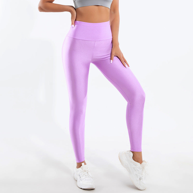 Style européen et américain Couleur Glossy Leggings haute taille Solid couleurs serrés Stretch Ca
