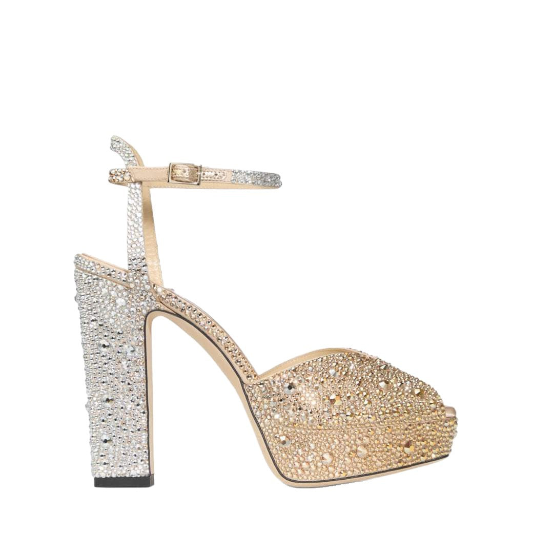 Sandales à haute hauteur à bouche de poisson décorées en strass avec une épaisse semelle munie d'un canon H